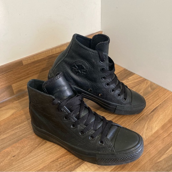 Converse Mono Black Leather Trainers Shoes High Top UK Size 3.5. - Picture 2 of 12